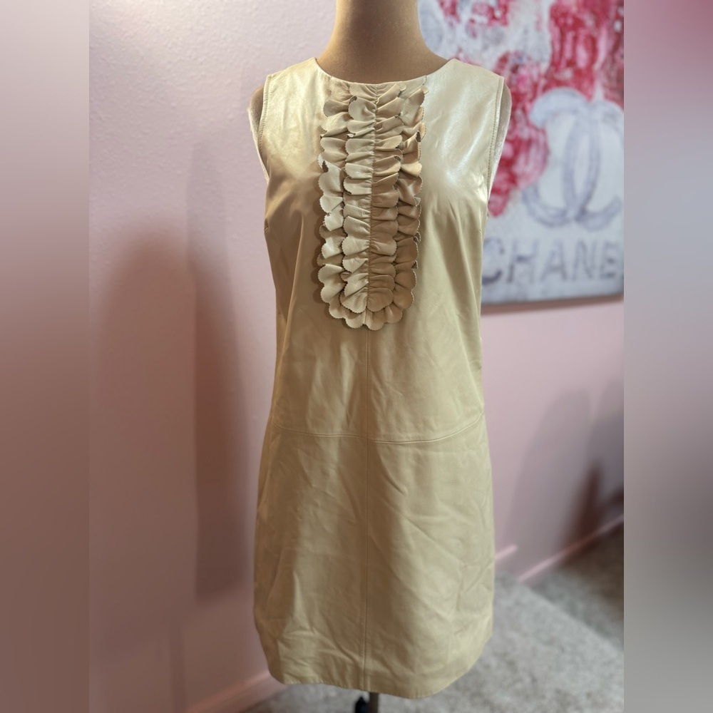 J. Crew Cream Leather Sleeveless Ruffle Front Sheath Dress